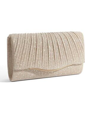 Women's Champagne Formal Clutch Purse With Detachable Chain Strap Evening Bag